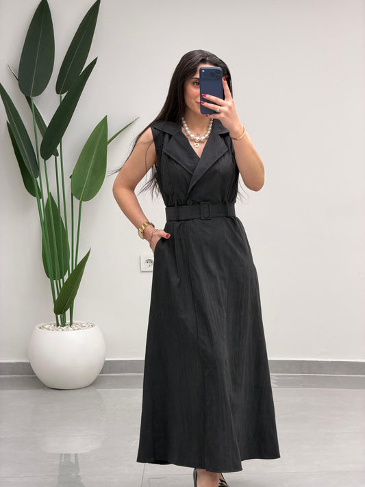 Kruvaze Yaka Kemerli Elbise Siyah