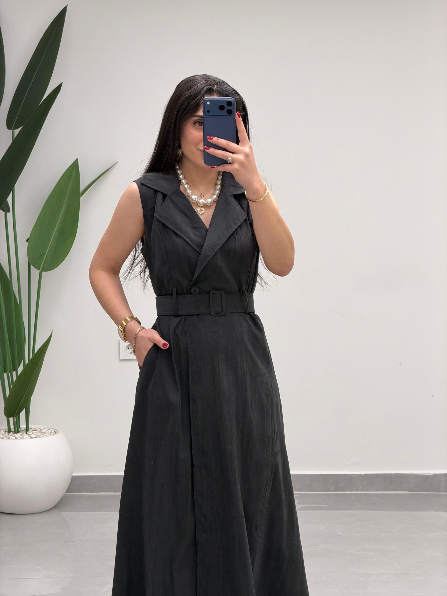 Kruvaze Yaka Kemerli Elbise Siyah