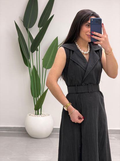 Kruvaze Yaka Kemerli Elbise Siyah