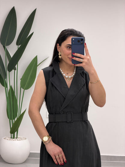 Kruvaze Yaka Kemerli Elbise Siyah