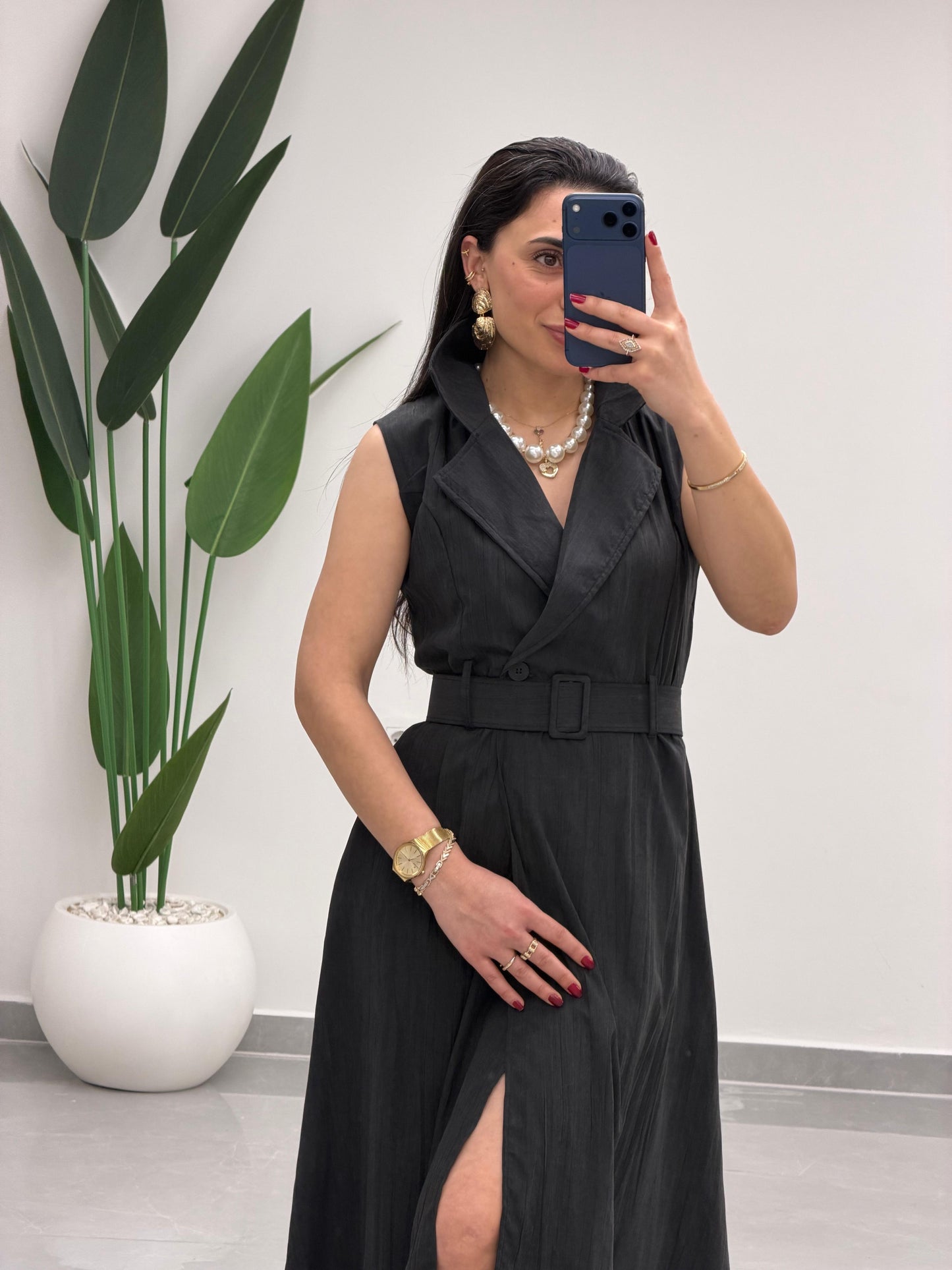 Kruvaze Yaka Kemerli Elbise Siyah