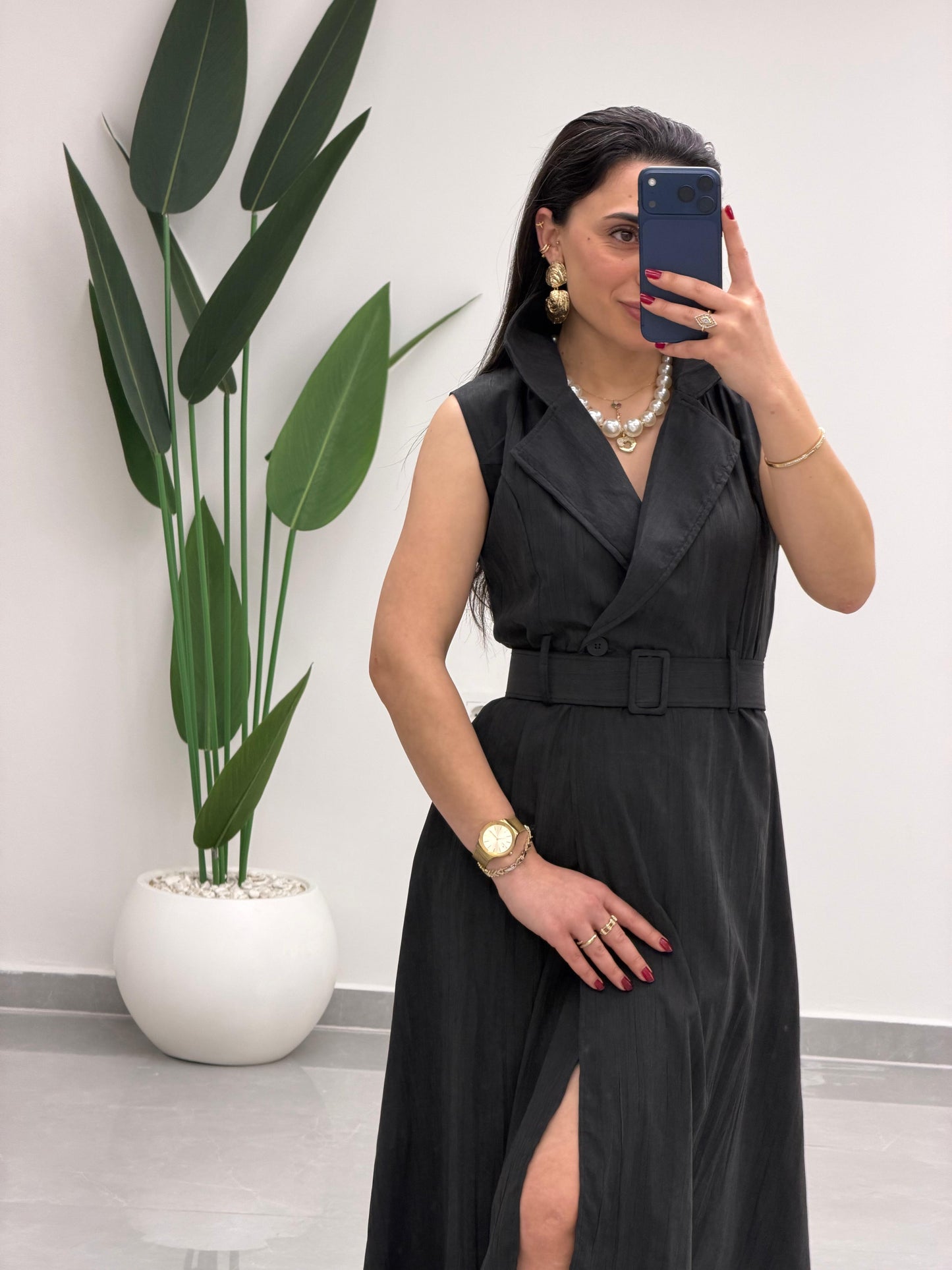 Kruvaze Yaka Kemerli Elbise Siyah