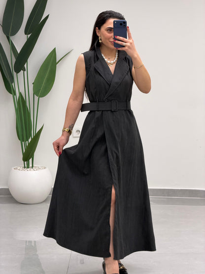 Kruvaze Yaka Kemerli Elbise Siyah