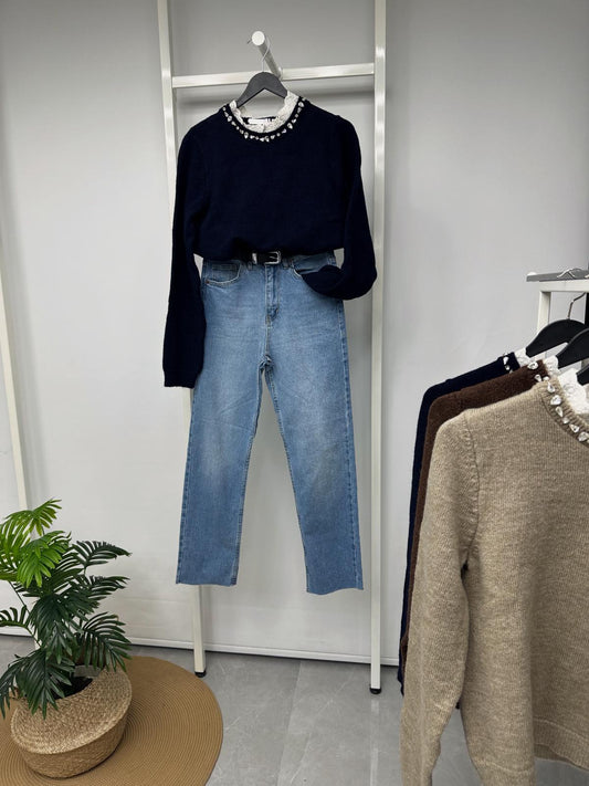 TAŞ DETAYLI TRİKO KISA KAZAK