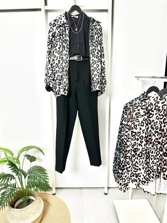 FERMUARLI LEOPAR DESENLİ SATEN GÖMLEK