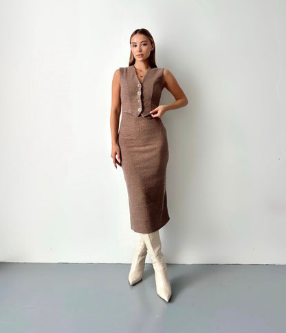 Düğme Detaylı Triko Midi Elbise