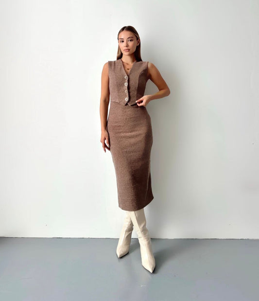 Düğme Detaylı Triko Midi Elbise