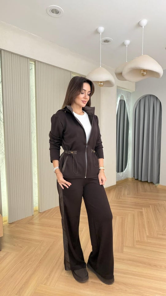 İkili fermuarlı, bağlama detaylı takım