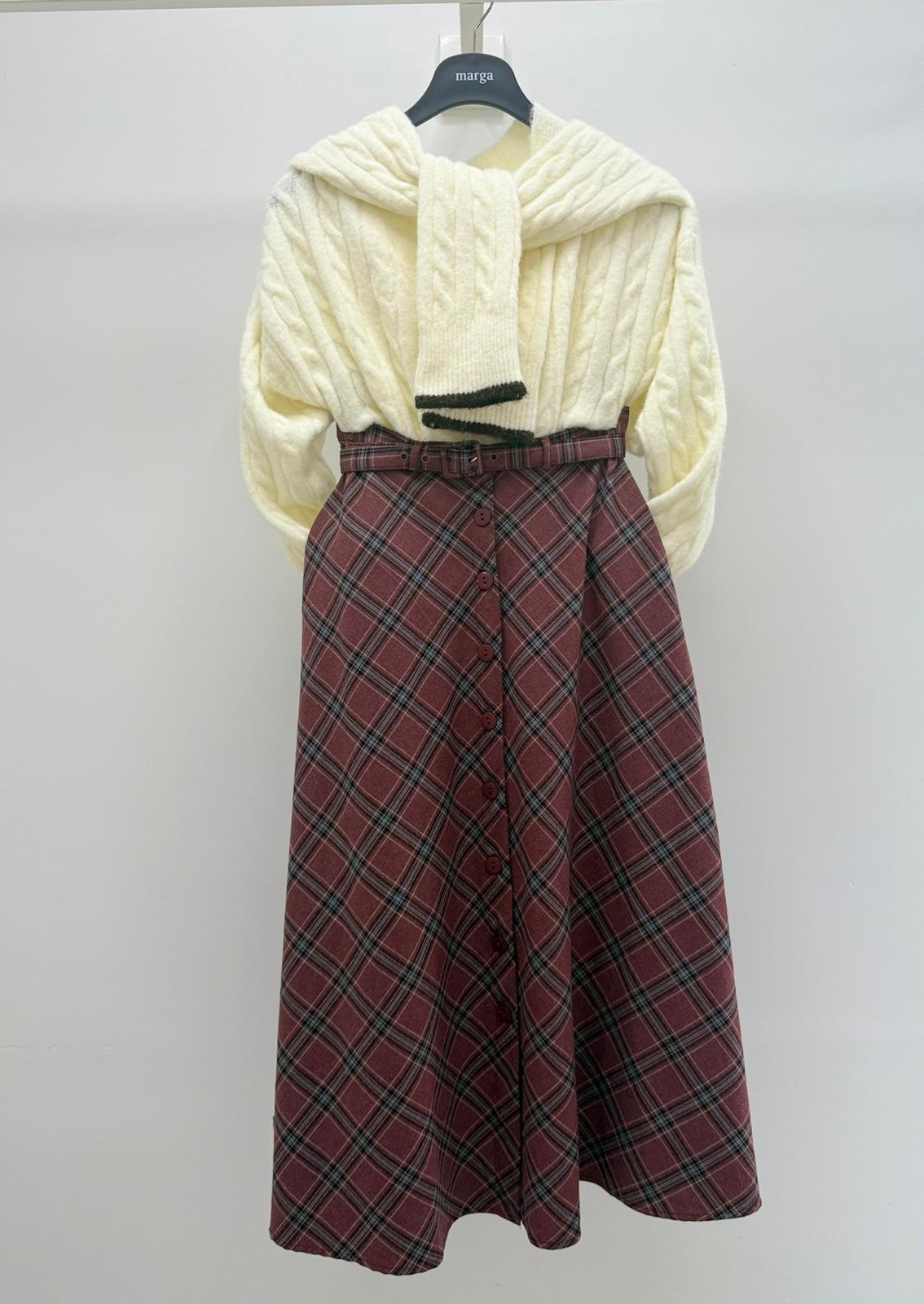 Ekoseli bordo–gri etek