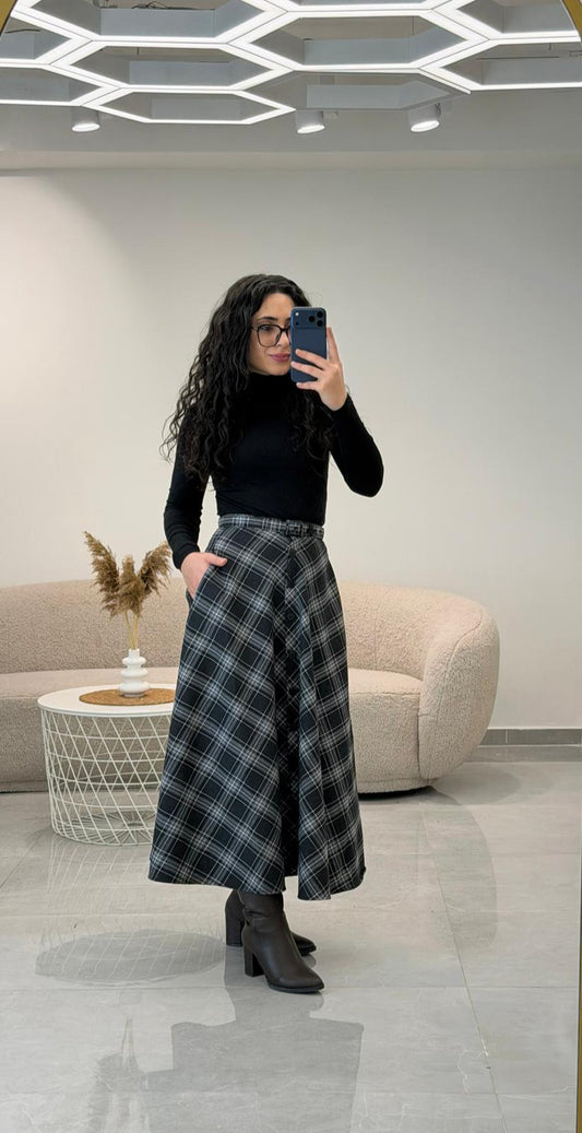 Ekose Desen Ön Düğmeli Etek