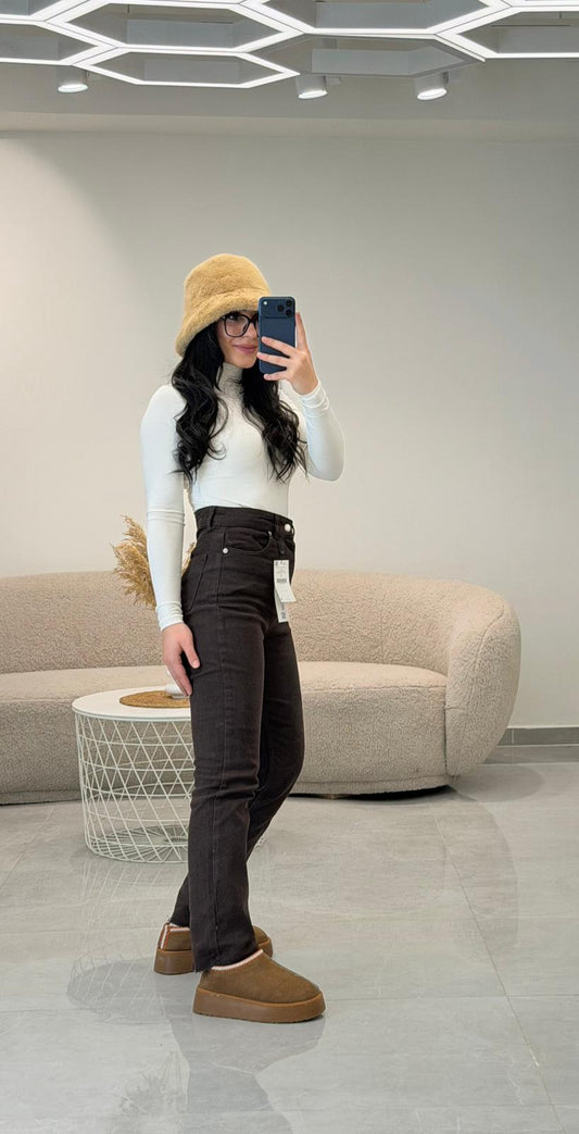 Premium Kalite Paçası Kesik Boyfit Jean Acı Kahve