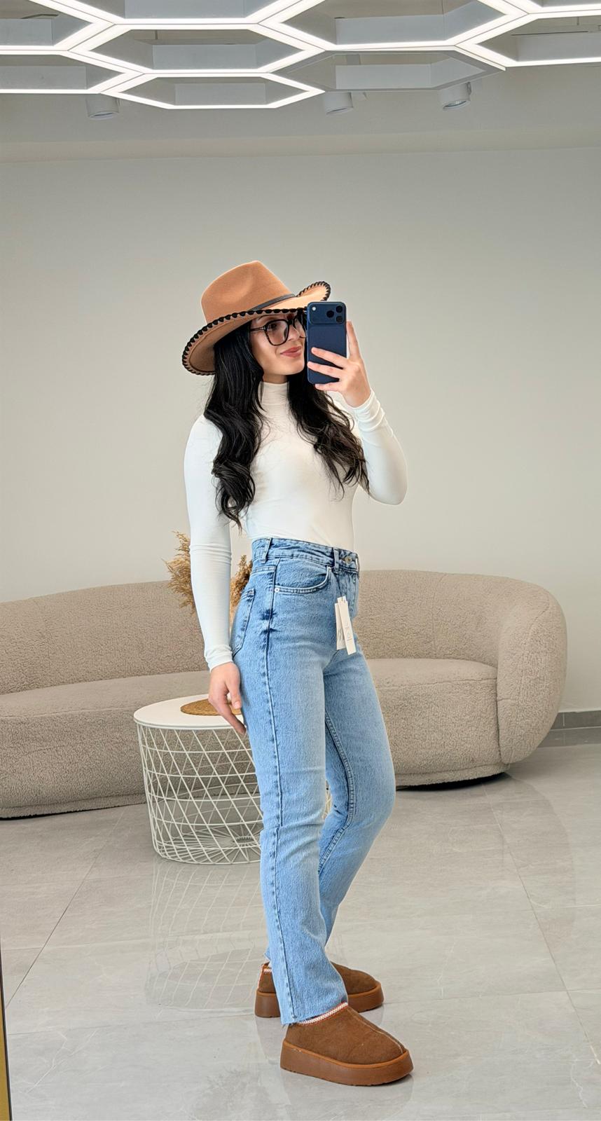 Premium Kalite Paçası Kesik Boyfit Jean Klasik Mavi