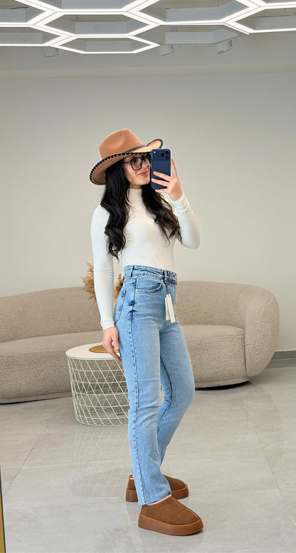 Premium Kalite Paçası Kesik Boyfit Jean Klasik Mavi