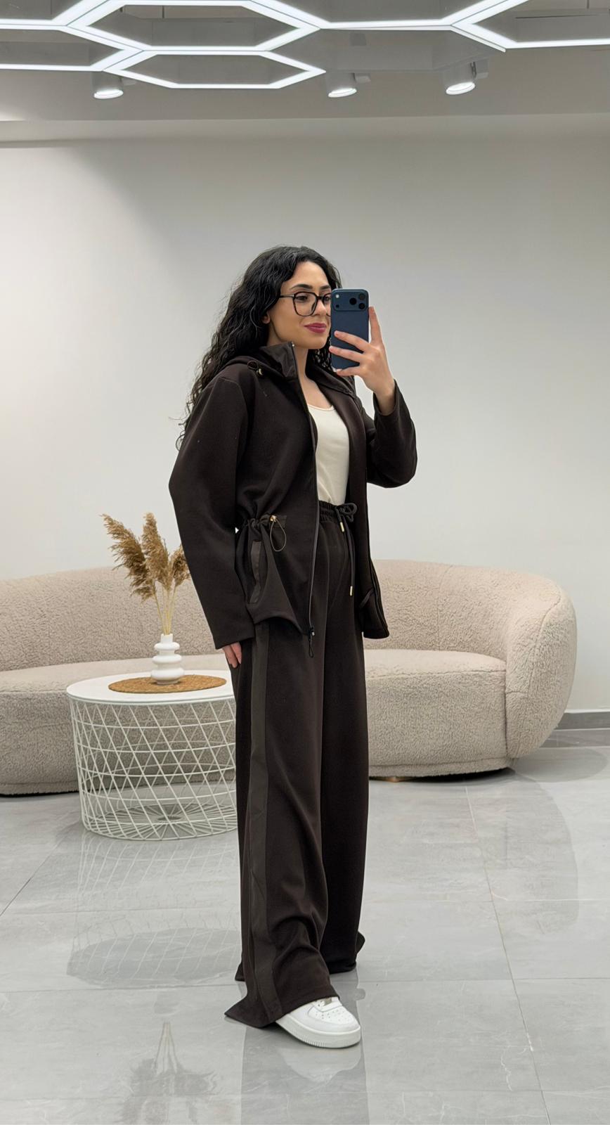 Paraşüt Garnili Bel Lastikli Modal Takım Kahve