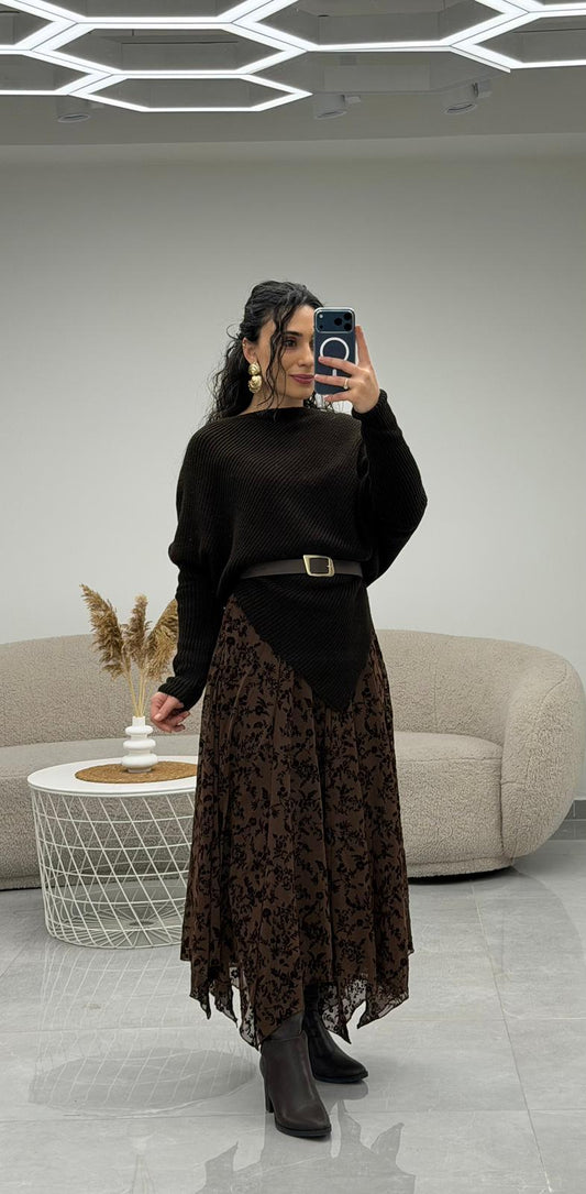 Asimetrik Kesim Astarlı Midi Boy Etek Kahve