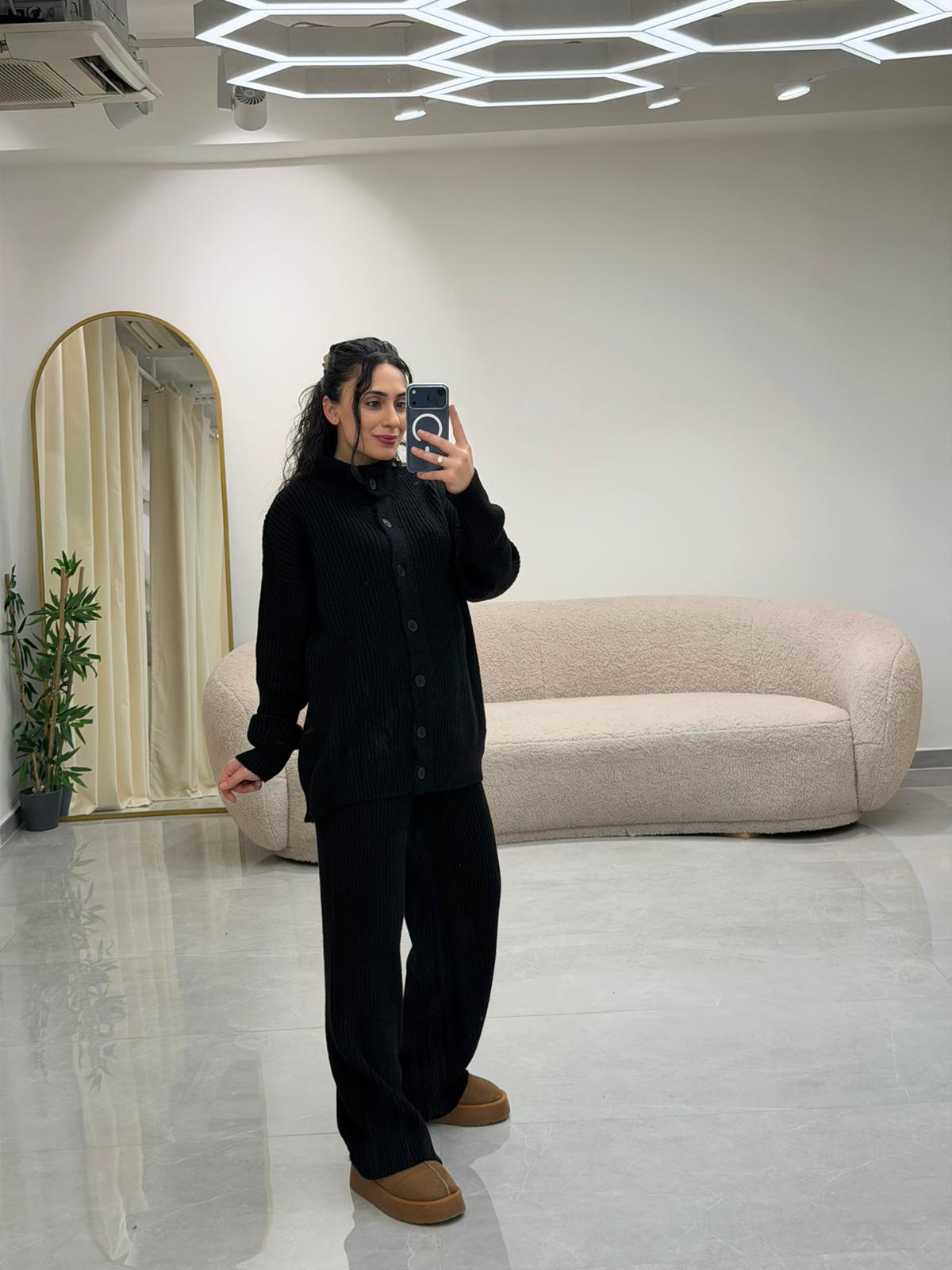 Boğazlı Triko Takım Siyah