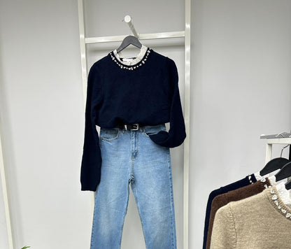 TAŞ DETAYLI TRİKO KISA KAZAK