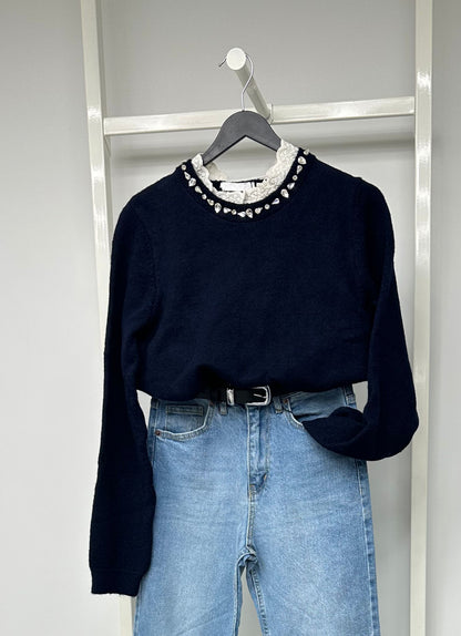 TAŞ DETAYLI TRİKO KISA KAZAK