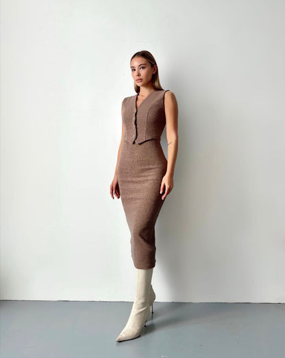 Düğme Detaylı Triko Midi Elbise