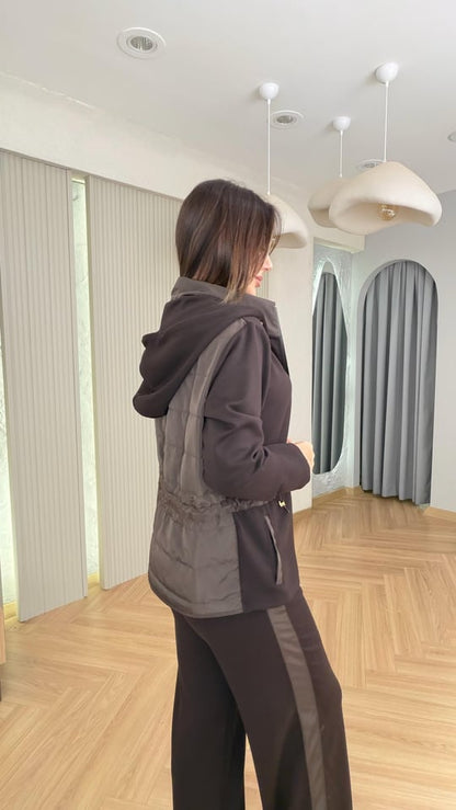 İkili fermuarlı, bağlama detaylı takım