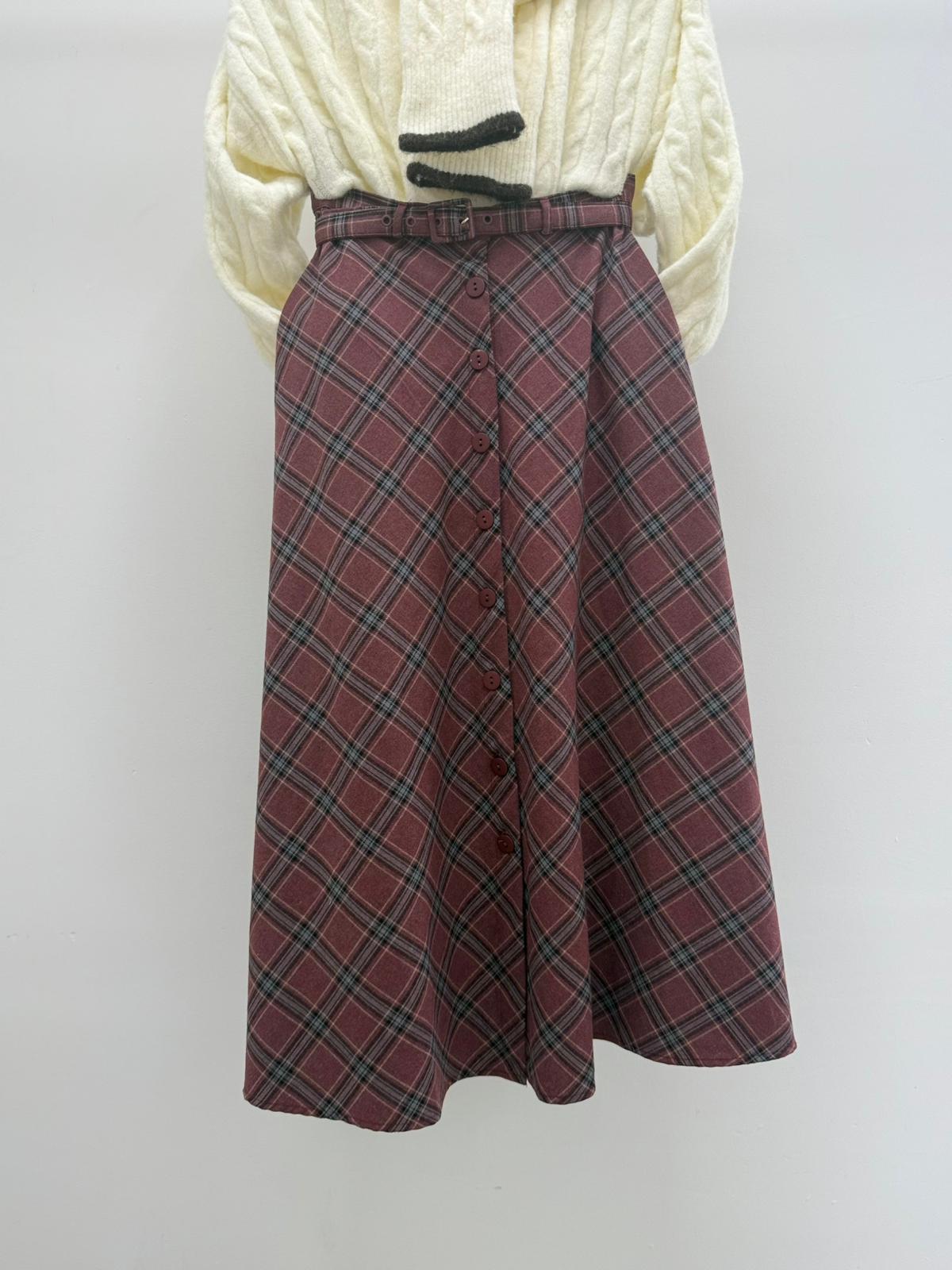 Ekoseli bordo–gri etek