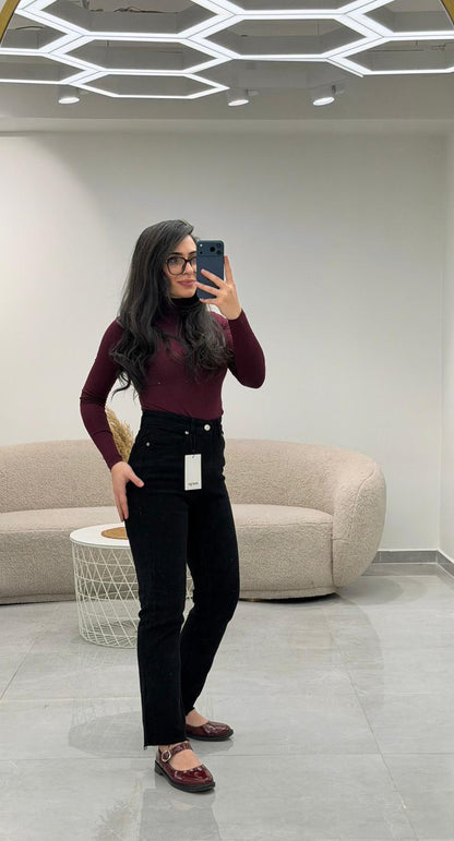 Premium Kalite Paçası Kesik Siyah Boyfit Jean