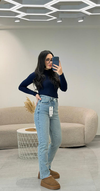 Premium Kalite Paçası Kesik Boyfit Jean Yıkamalı Mavi