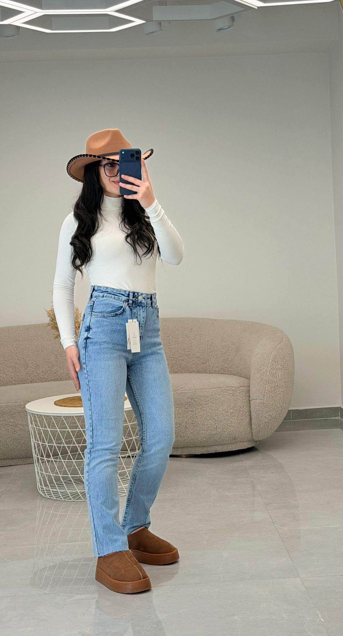 Premium Kalite Paçası Kesik Boyfit Jean Klasik Mavi