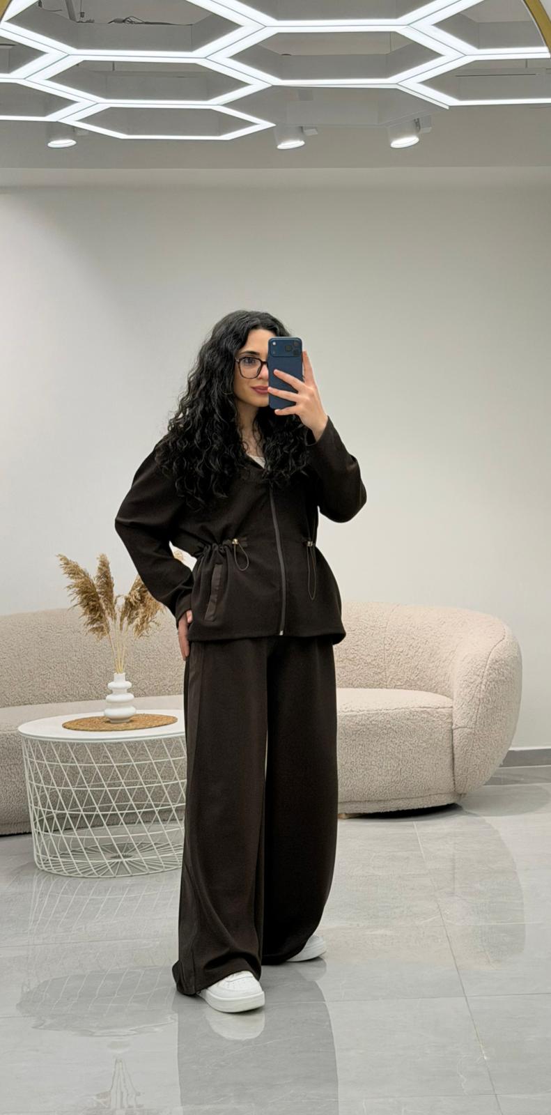 Paraşüt Garnili Bel Lastikli Modal Takım Kahve