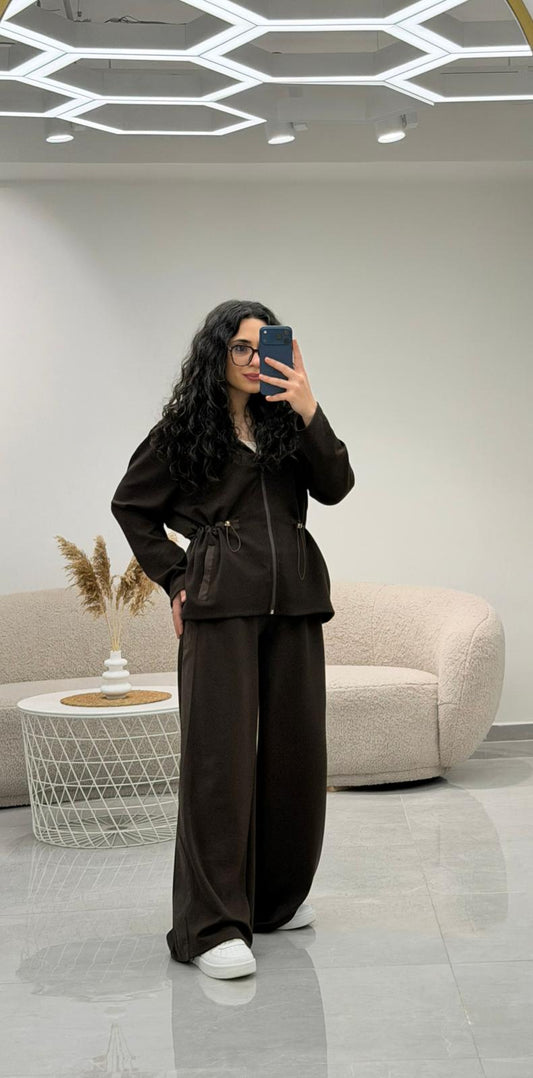 Paraşüt Garnili Bel Lastikli Modal Takım Kahve