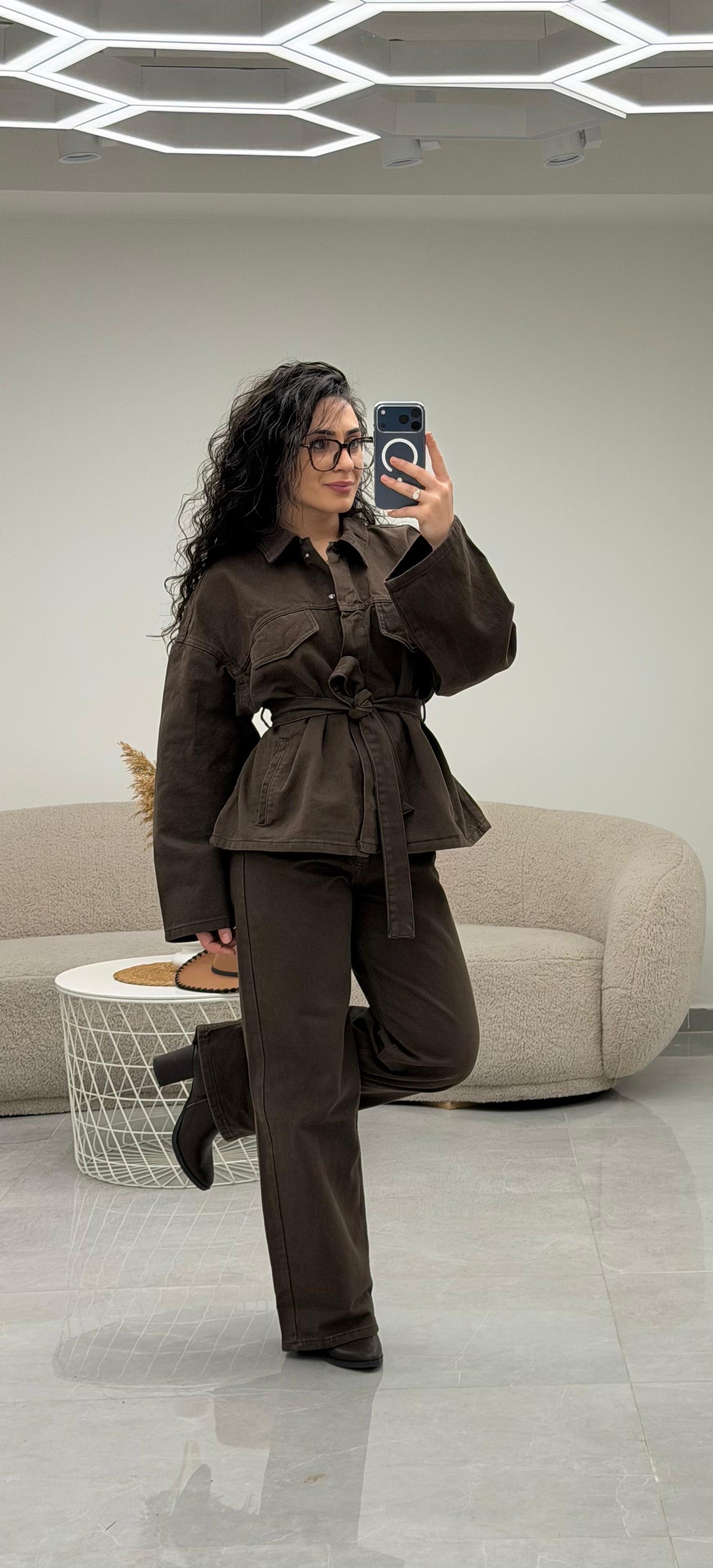 Cepli Kuşaklı Denim Takım Kahve