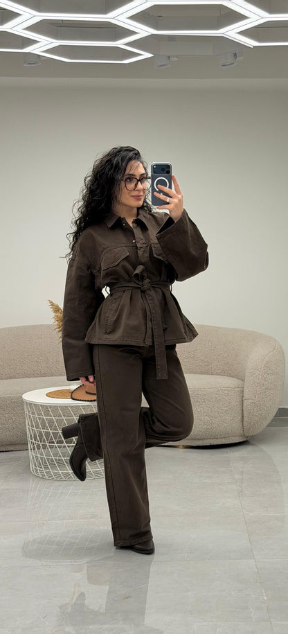 Cepli Kuşaklı Denim Takım Kahve