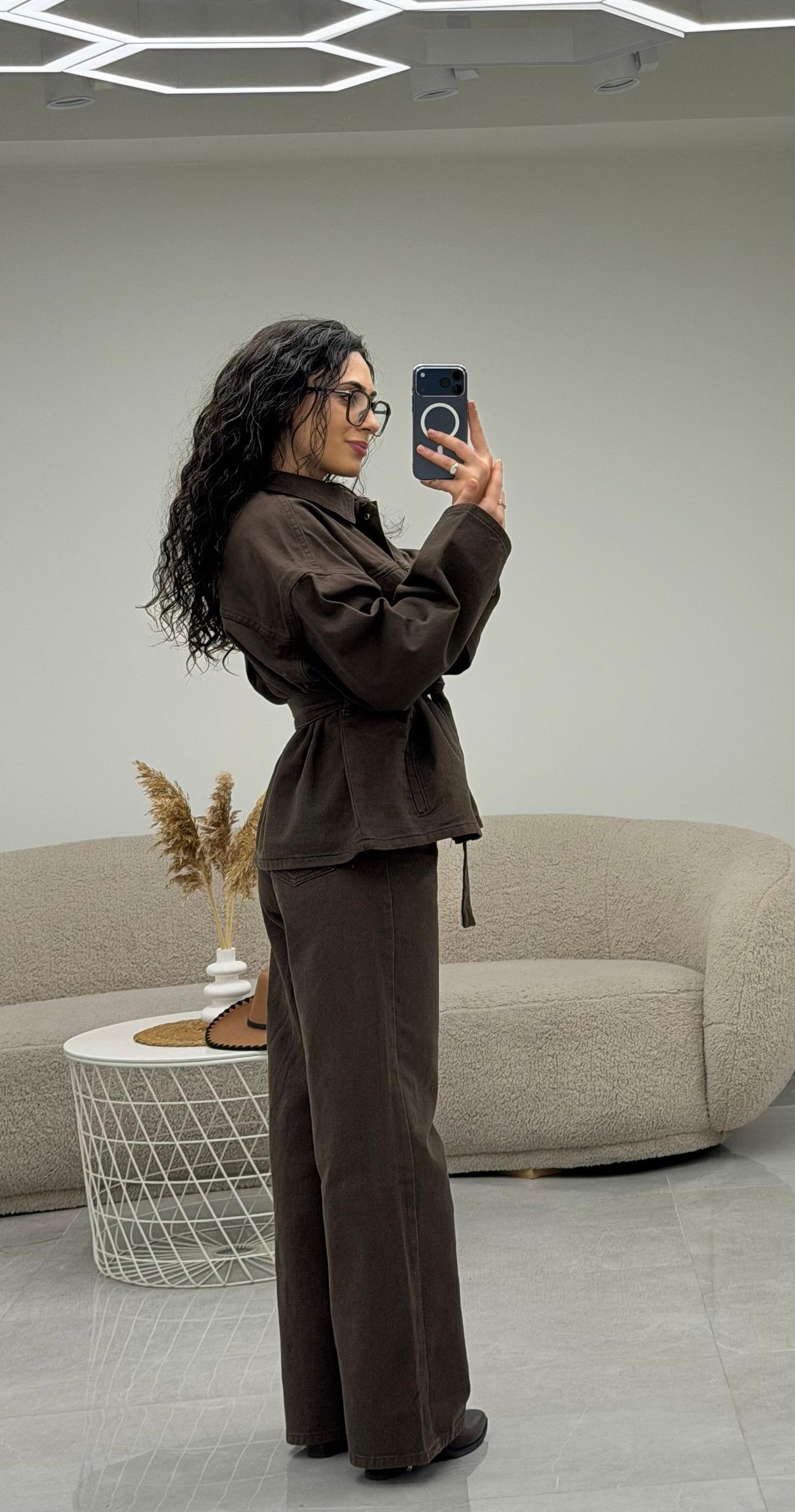 Cepli Kuşaklı Denim Takım Kahve