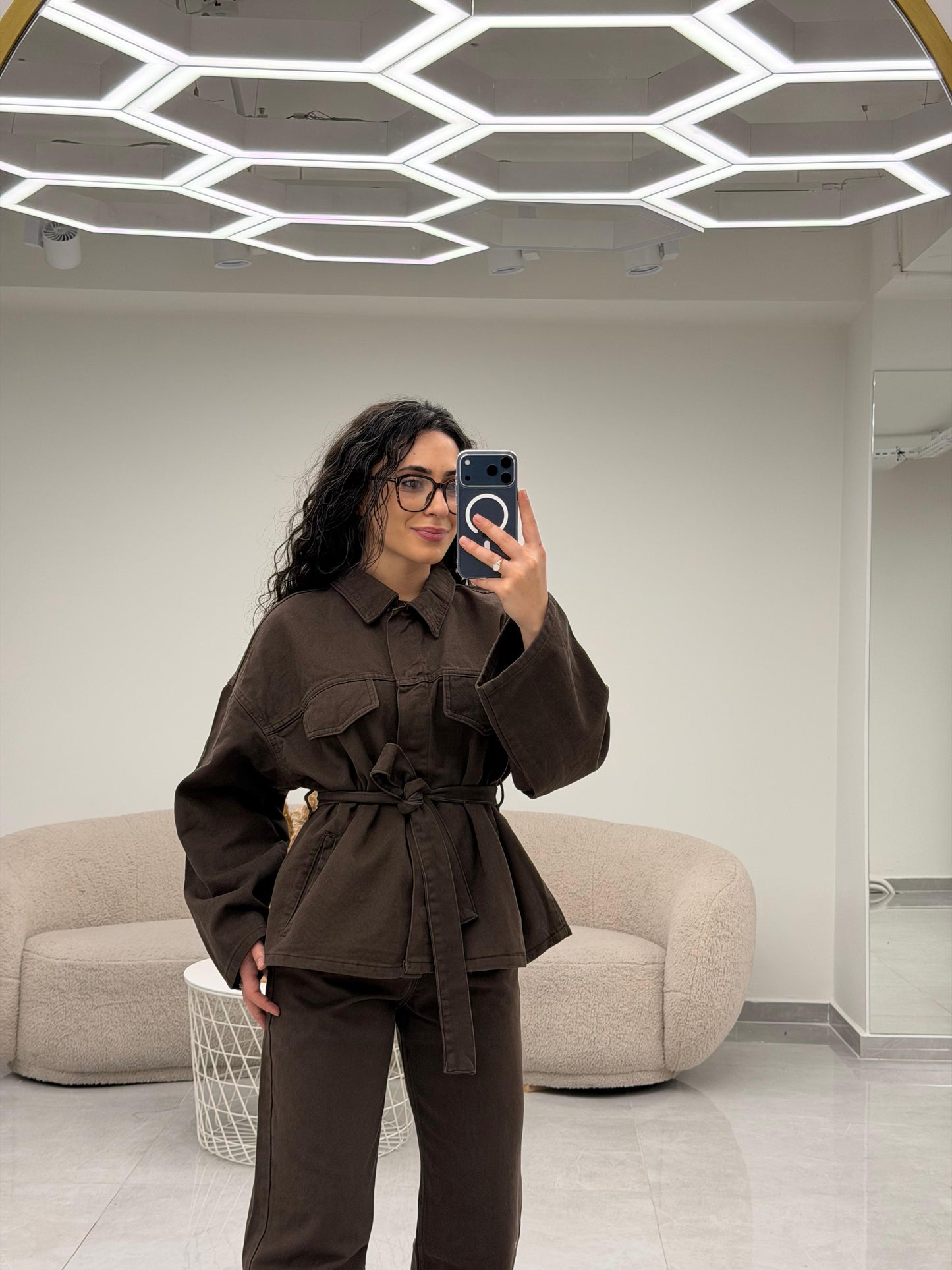 Cepli Kuşaklı Denim Takım Kahve