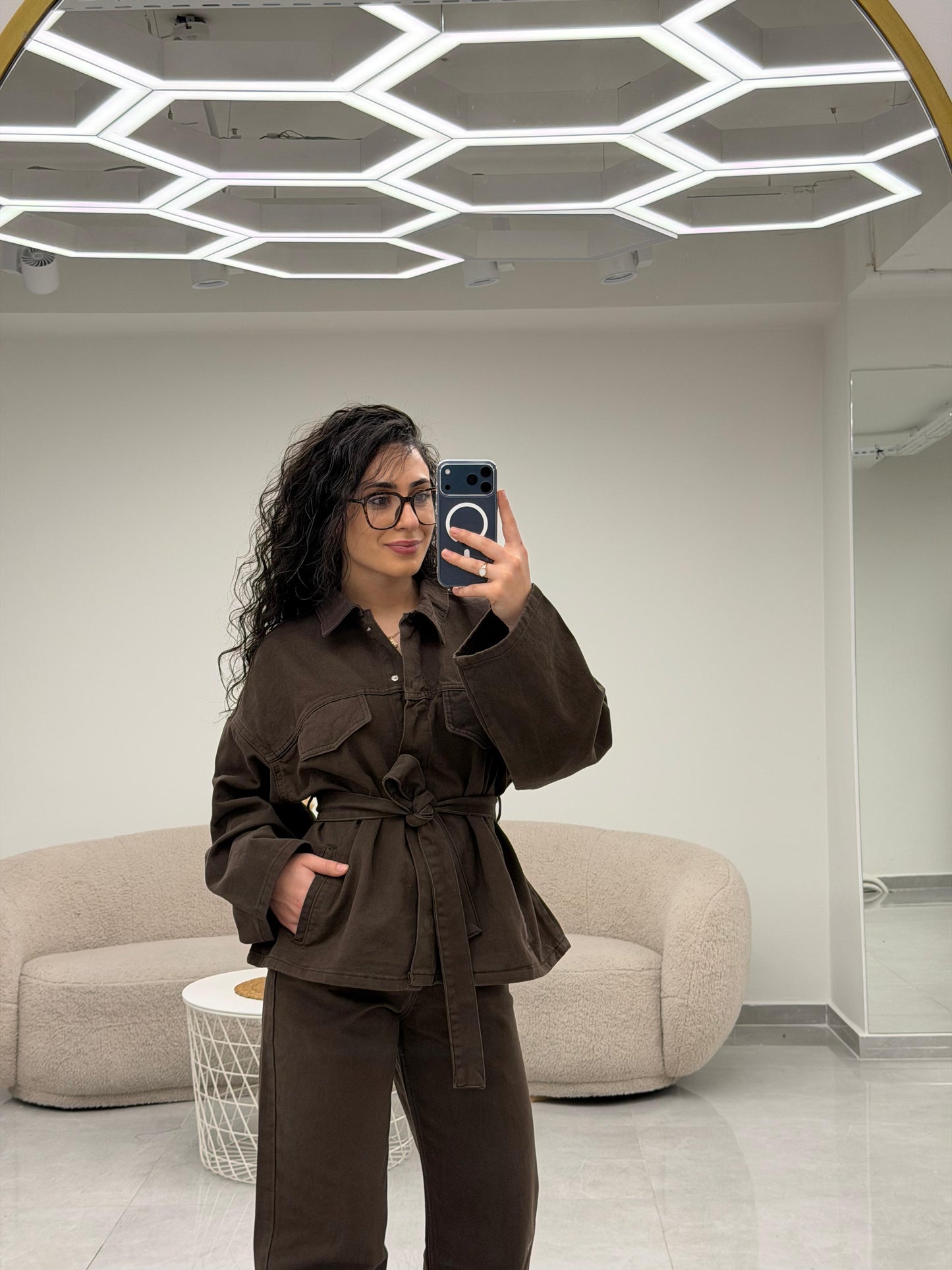 Cepli Kuşaklı Denim Takım Kahve