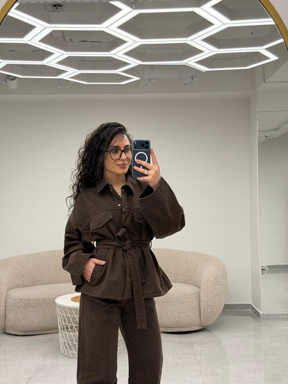 Cepli Kuşaklı Denim Takım Kahve