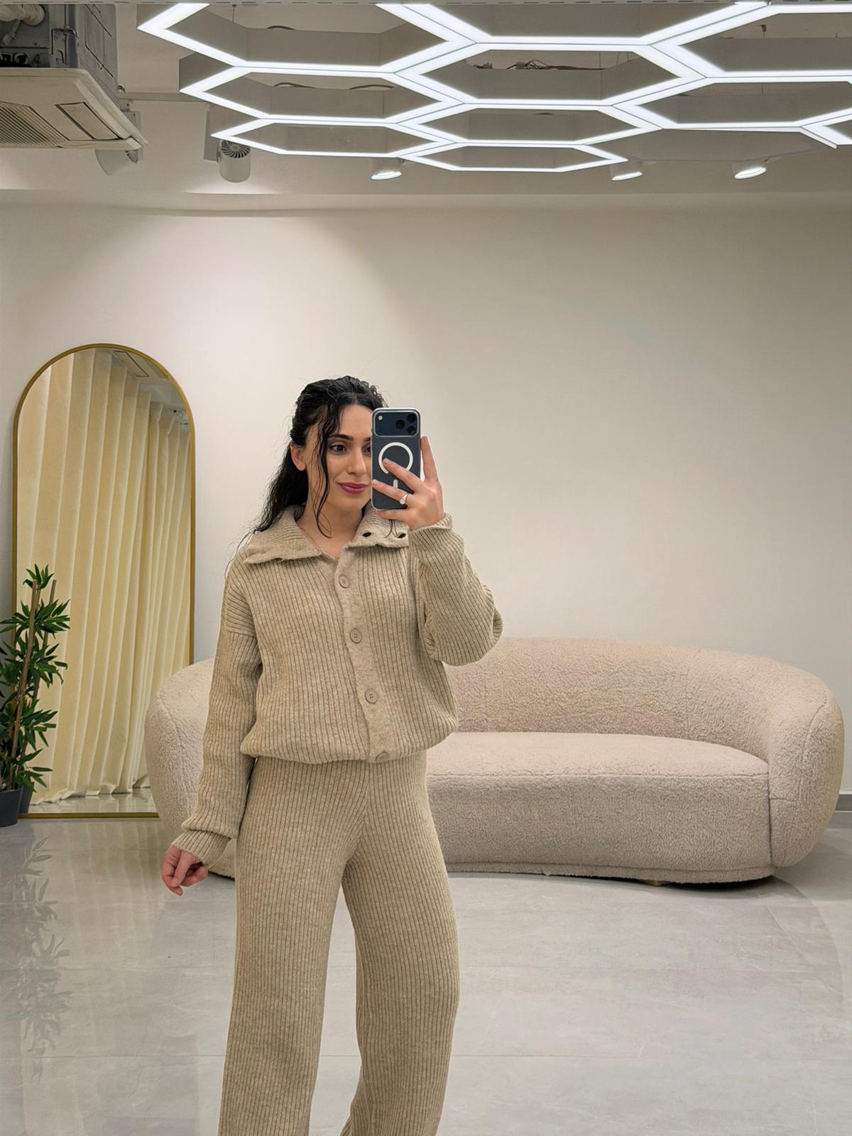 Boğazlı Triko Takım Sütlü Kahve