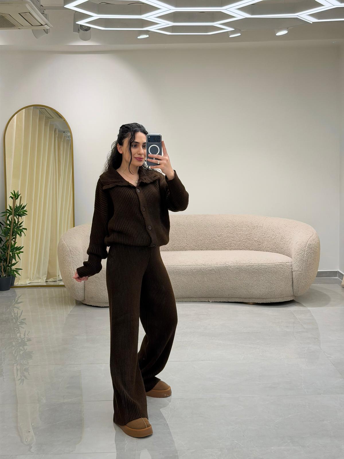 Boğazlı Triko Takım Kahve