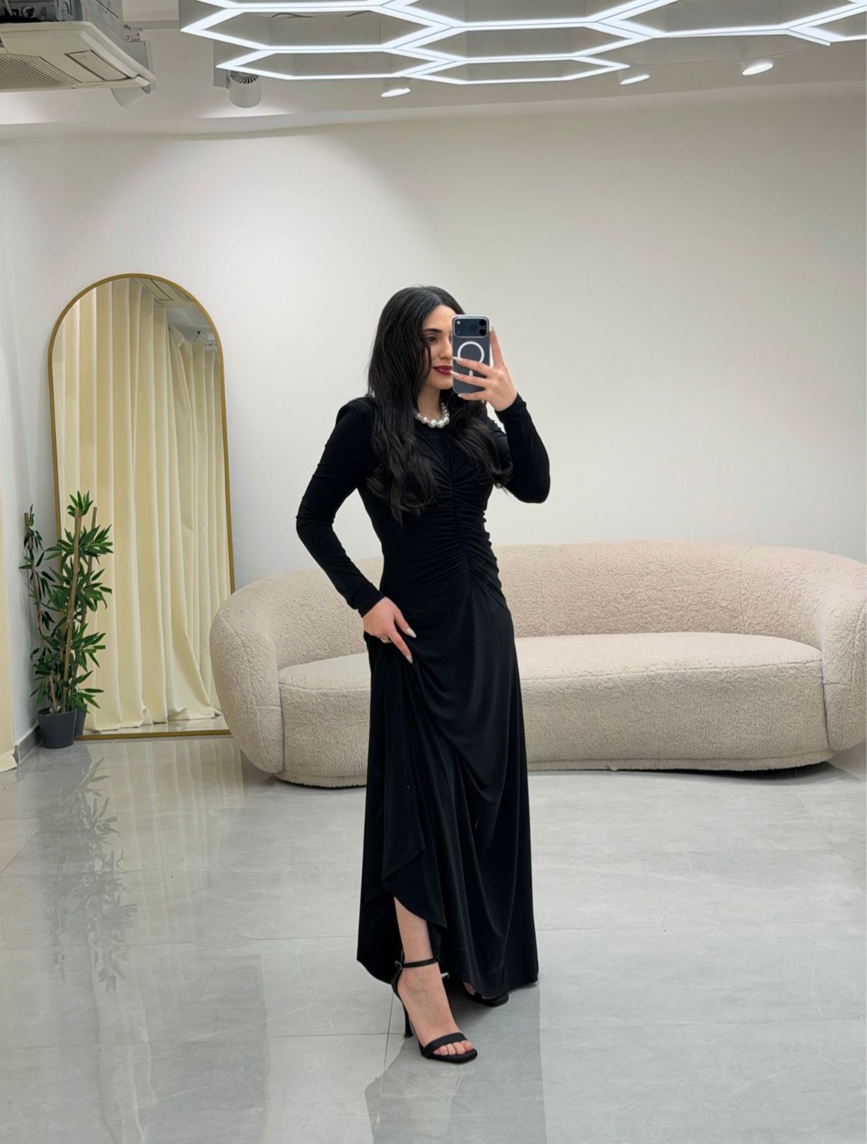 Bel Büzgülü Elbise Siyah