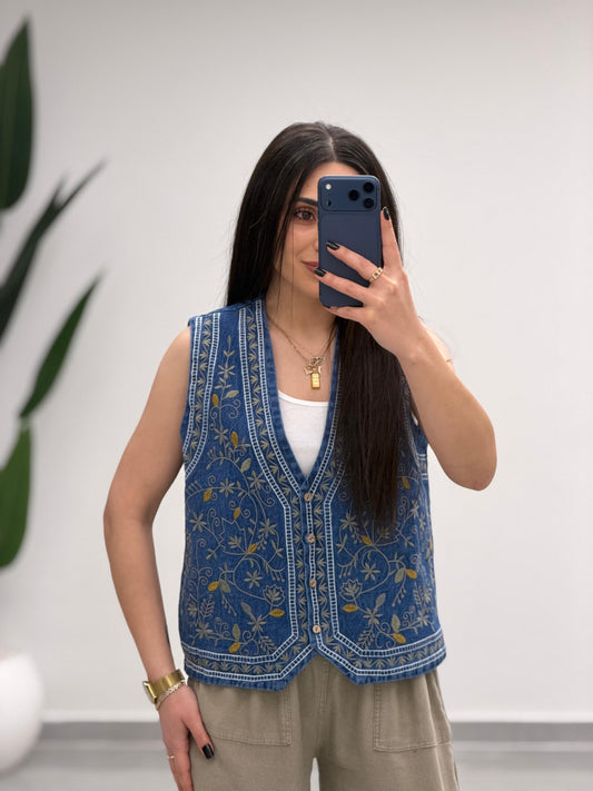 Etnik Desen Nakış İşlemeli V Yaka Kot Yelek