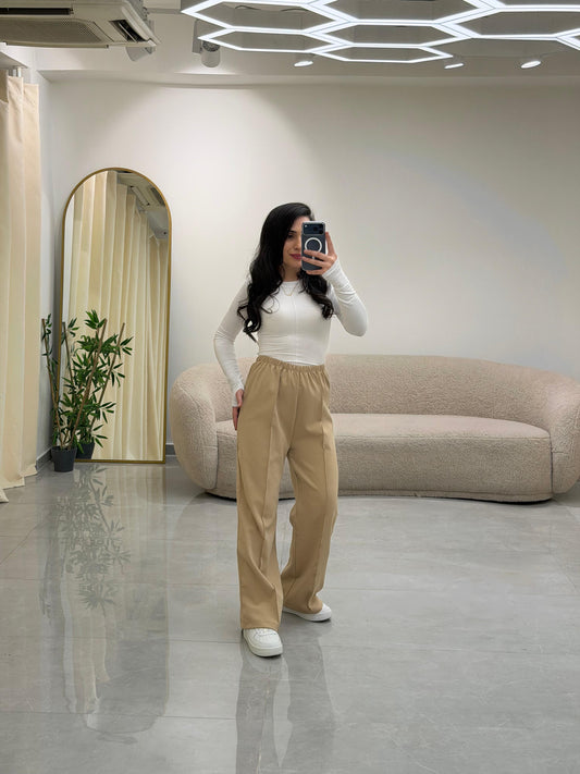 Bol Kesim Çımalı Pantolon Bej