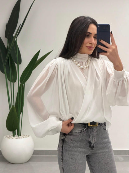Yaka Bağlamalı Şifon Bluz Beyaz