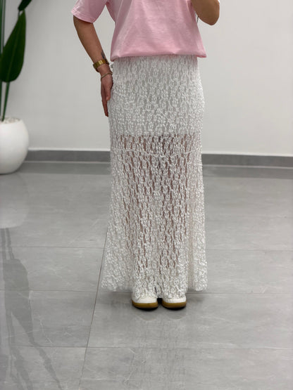 Volanlı Dantel Midi Etek Beyaz