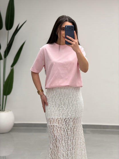 Volanlı Dantel Midi Etek Beyaz