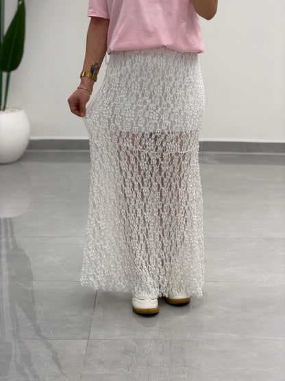 Volanlı Dantel Midi Etek Beyaz