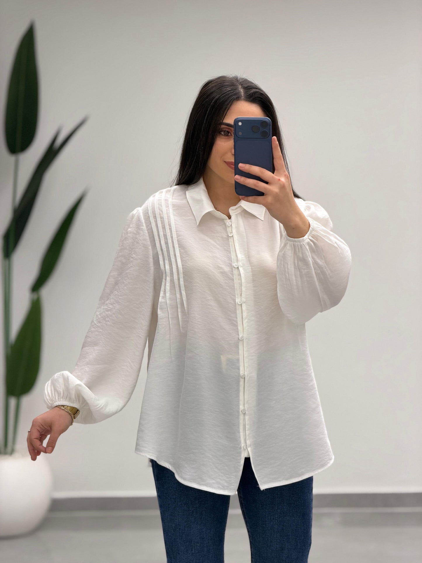 Pens Detaylı Düğme Kapama Gömlek Beyaz