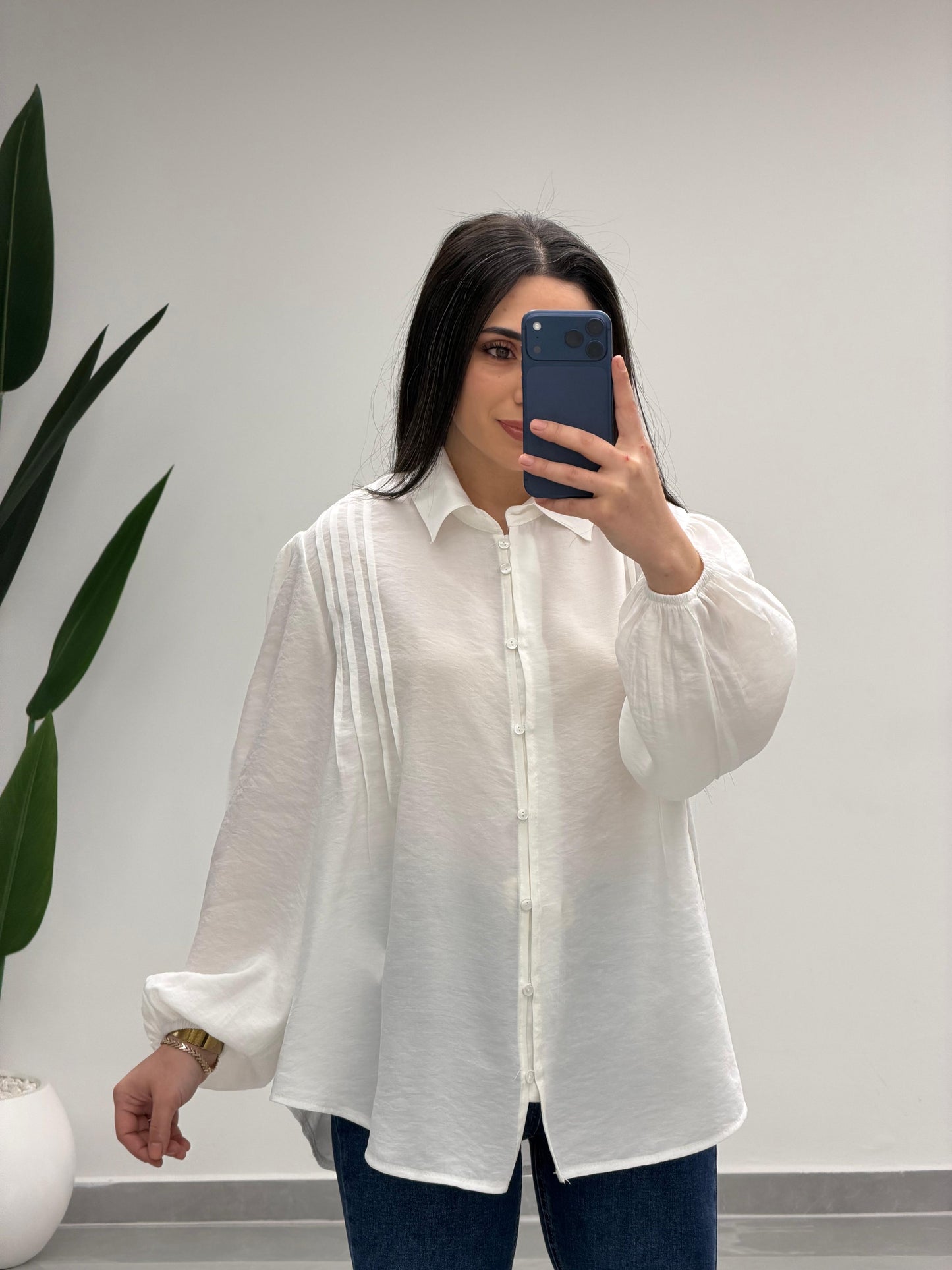 Pens Detaylı Düğme Kapama Gömlek Beyaz