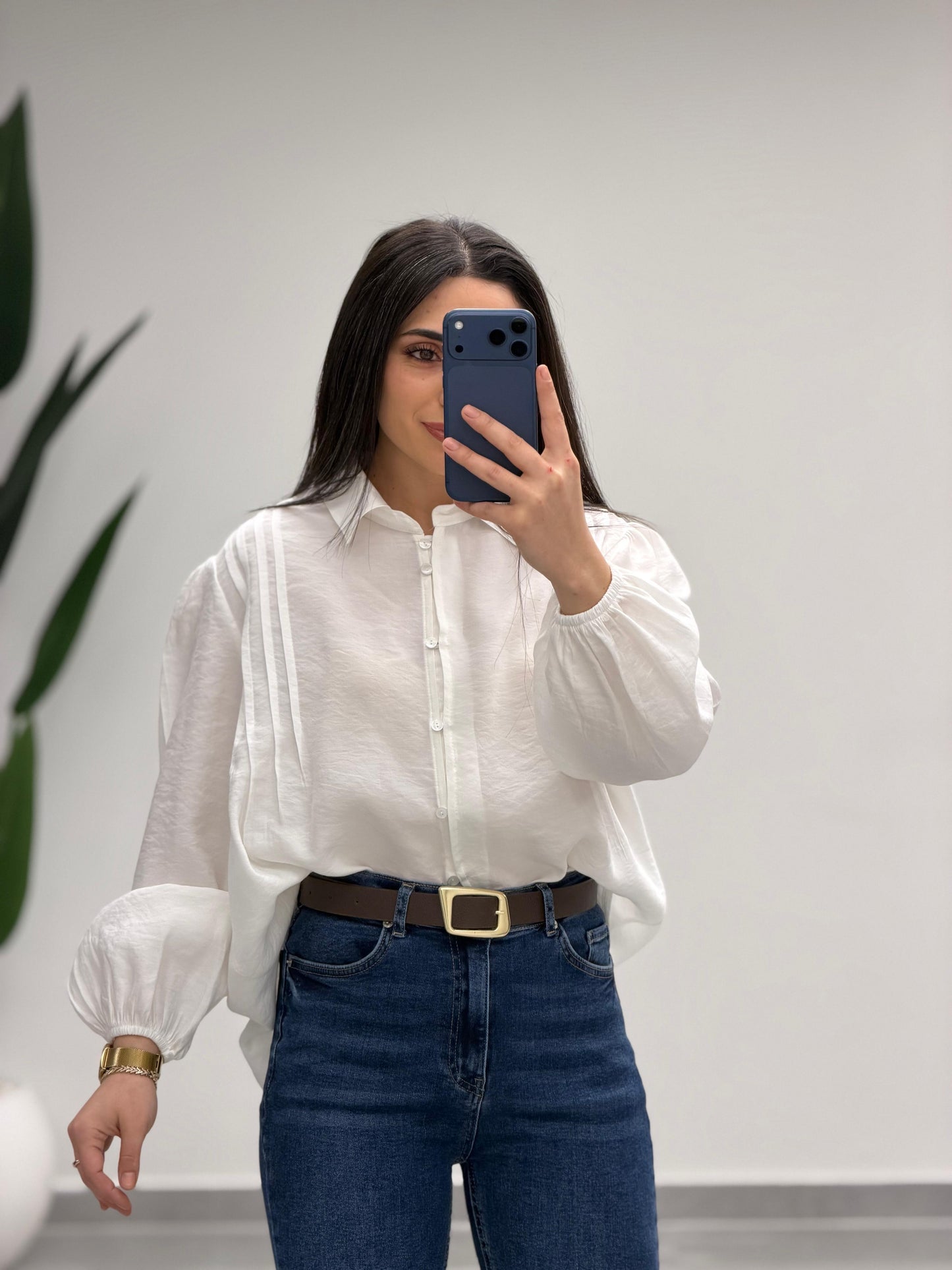 Pens Detaylı Düğme Kapama Gömlek Beyaz