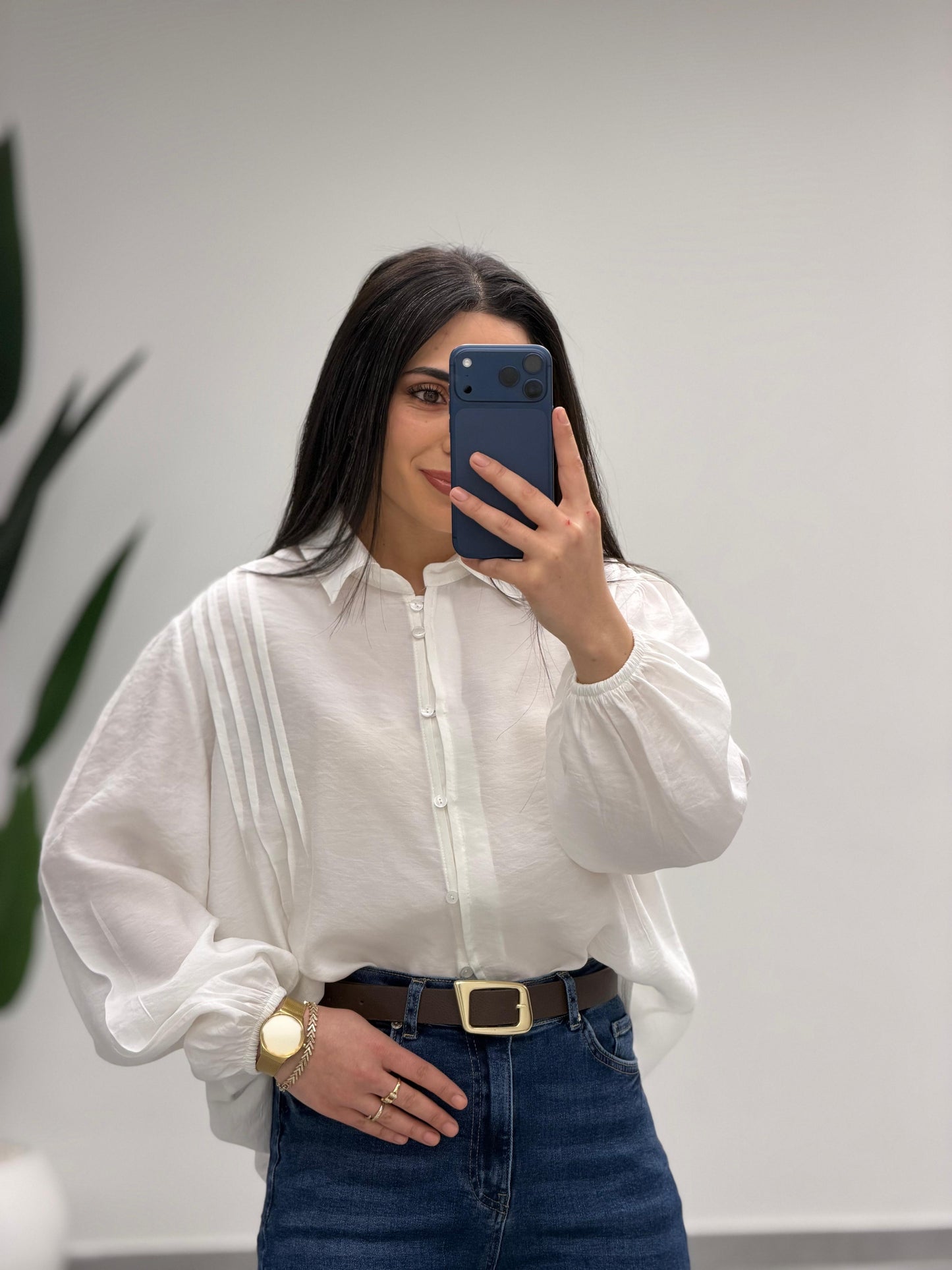 Pens Detaylı Düğme Kapama Gömlek Beyaz