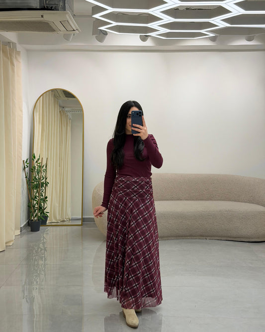 Drape Bel Detaylı Astarlı Desenli Etek Bordo